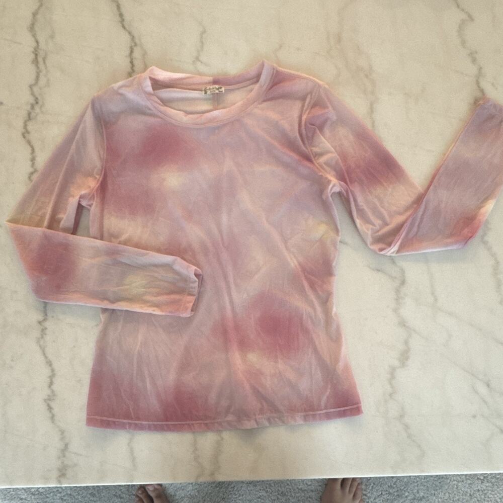 Free people Size L Pink/White Tie-Dye Long Sleeve Crew Neck T-Shirt 0098